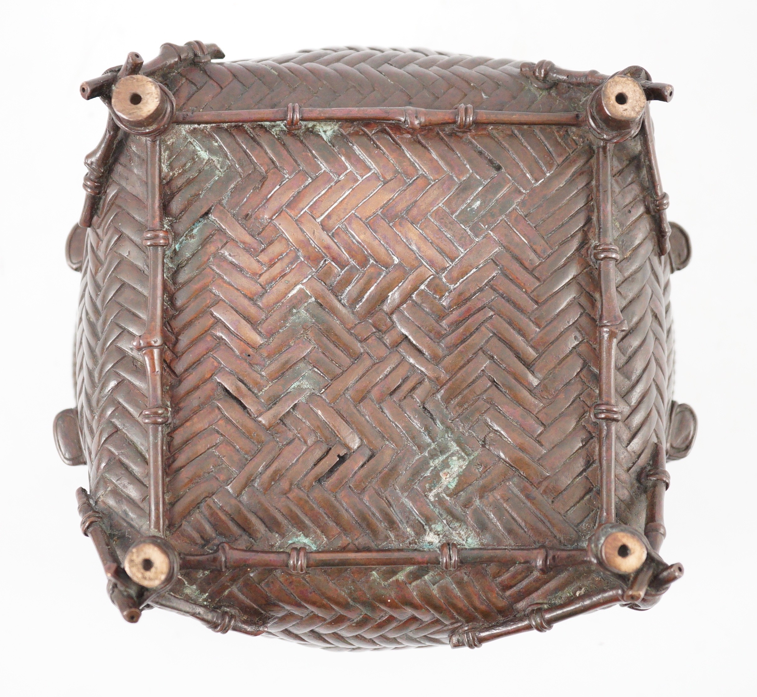 A Japanese bronze koro, 19th century, cast in imitation of a takezaiku bamboo basket, 17.5cm wide